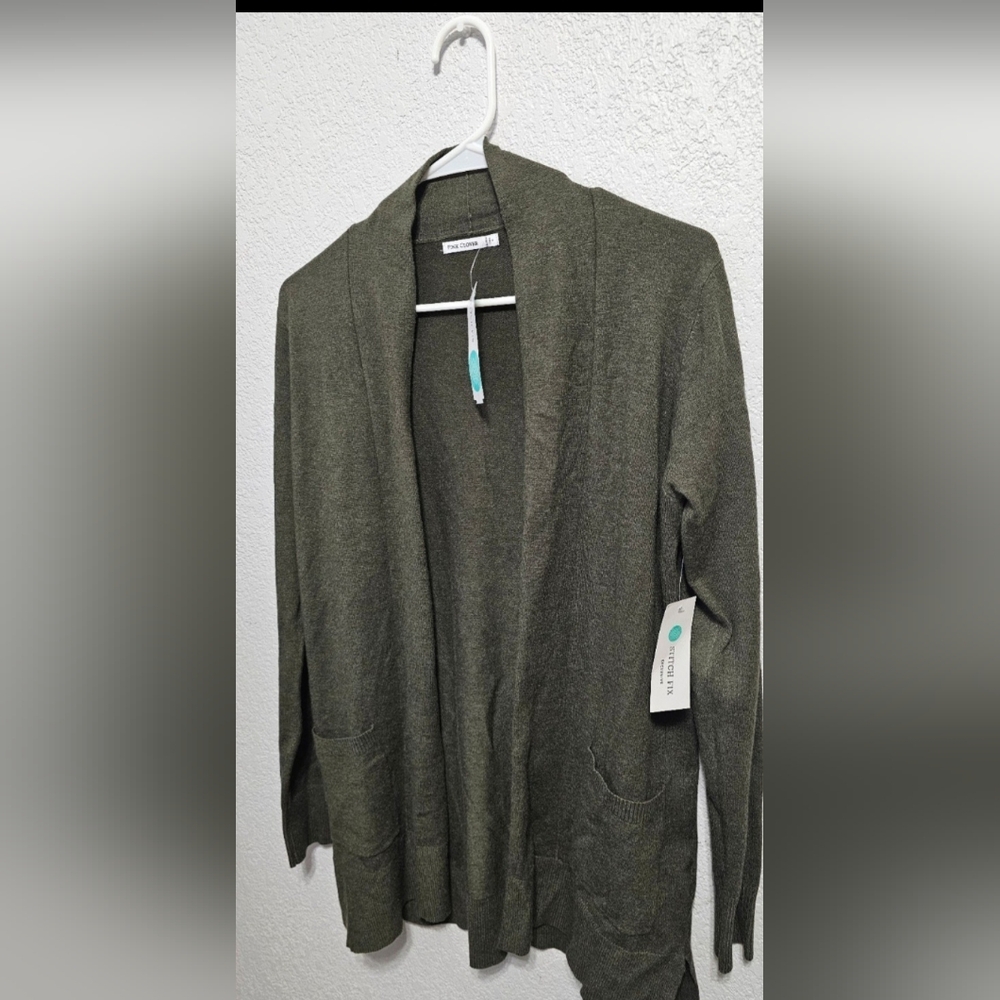 Pink Clover Women's Open Front Light weight Green Cardigan Pockets Size S